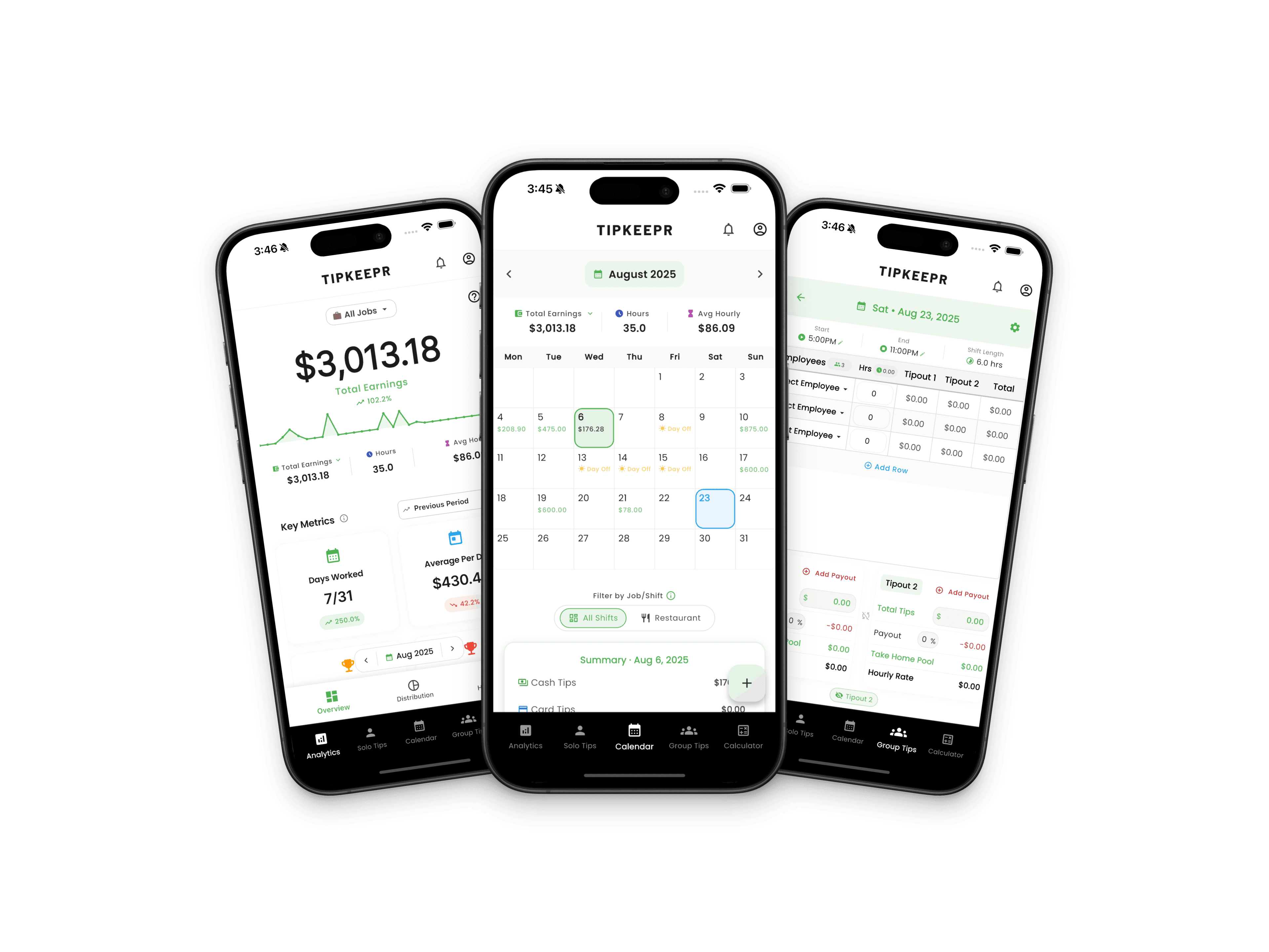 TipKeepr calendar, tip sheet, and income analytics screens