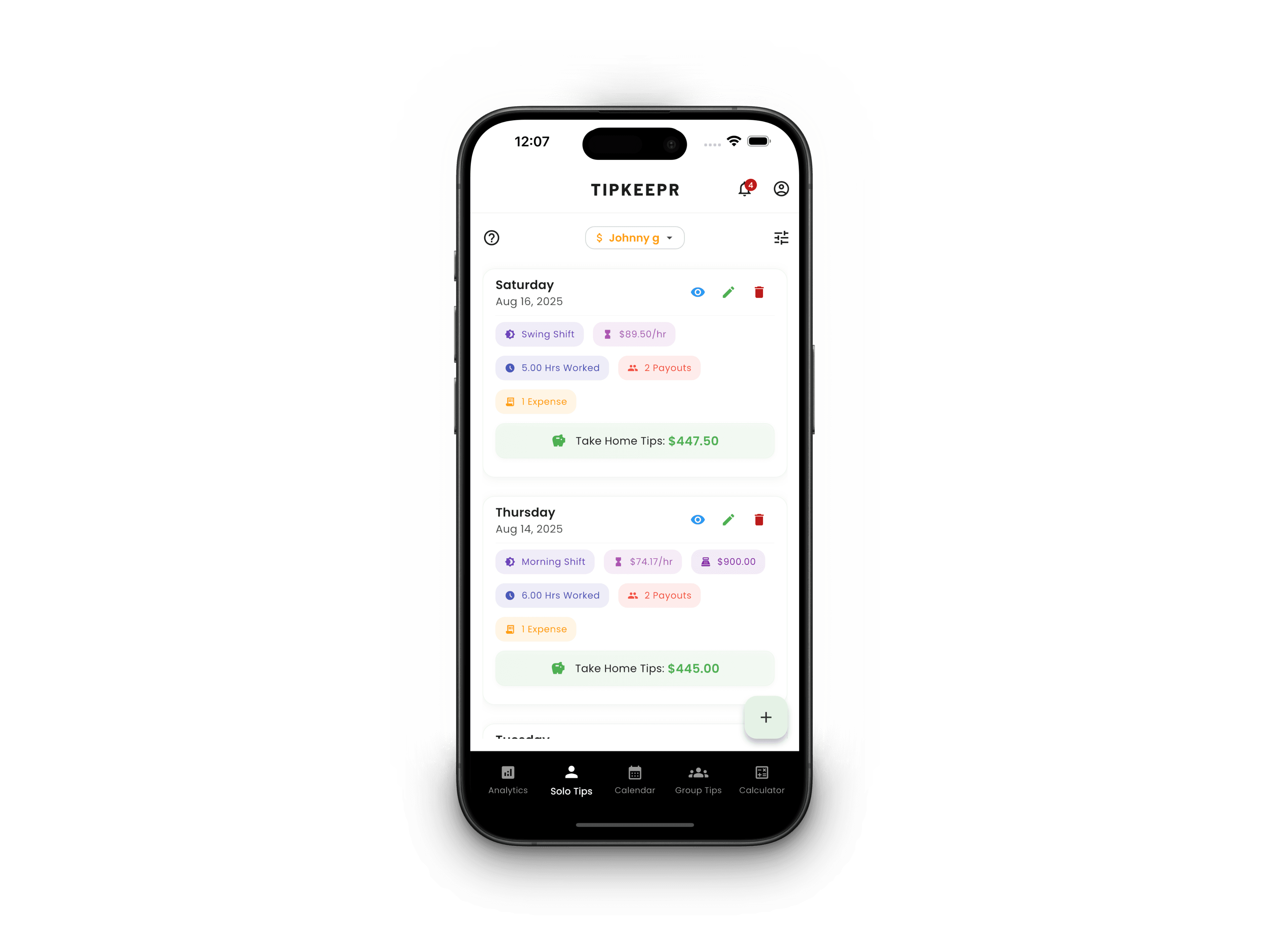 TipKeepr shift entry and earnings overview