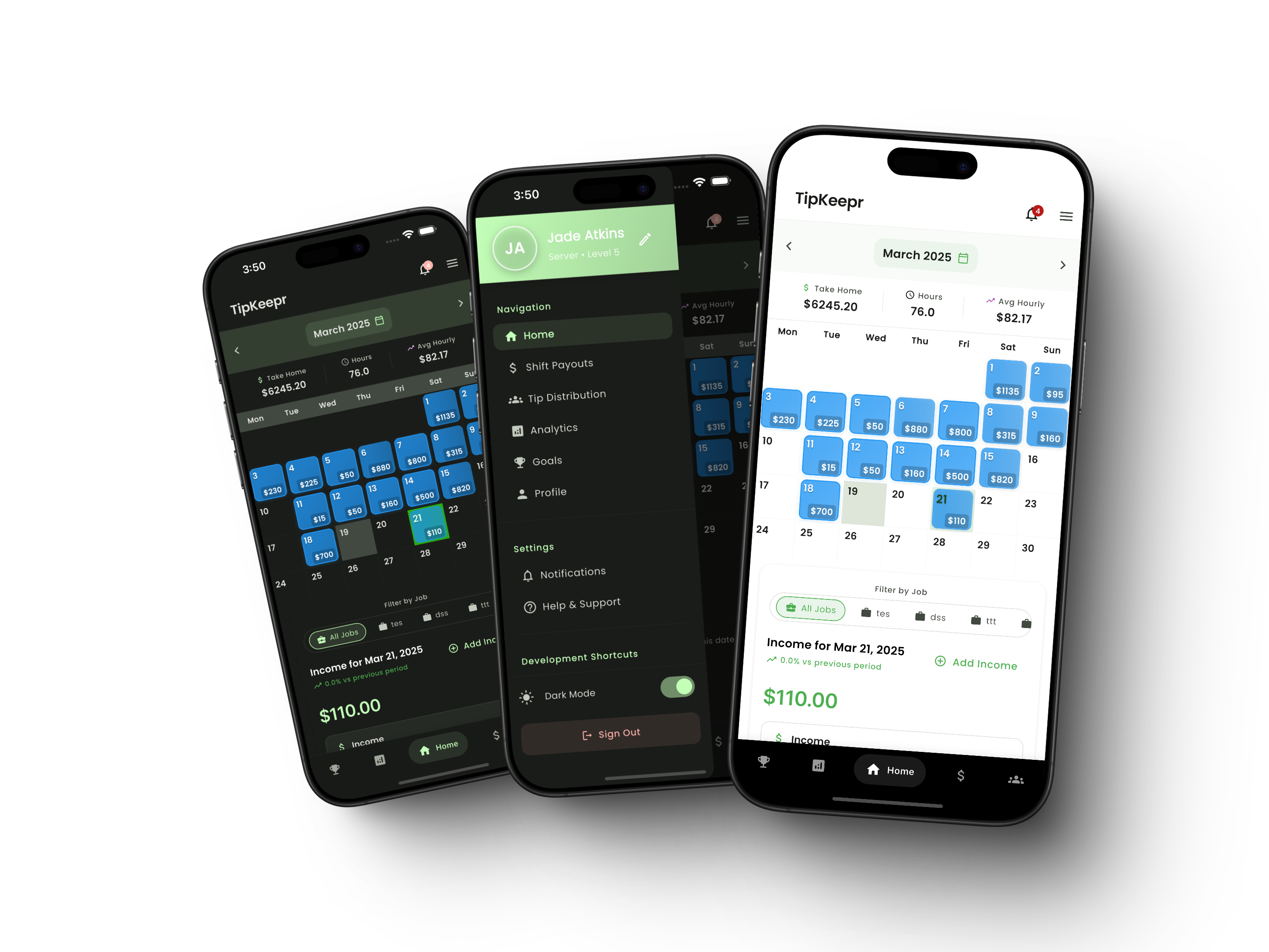 TipKeepr analytics interface showing detailed earnings breakdown